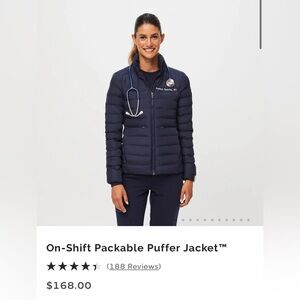 Figs navy on-shift packable puffer jacket, EUC, size L women’s